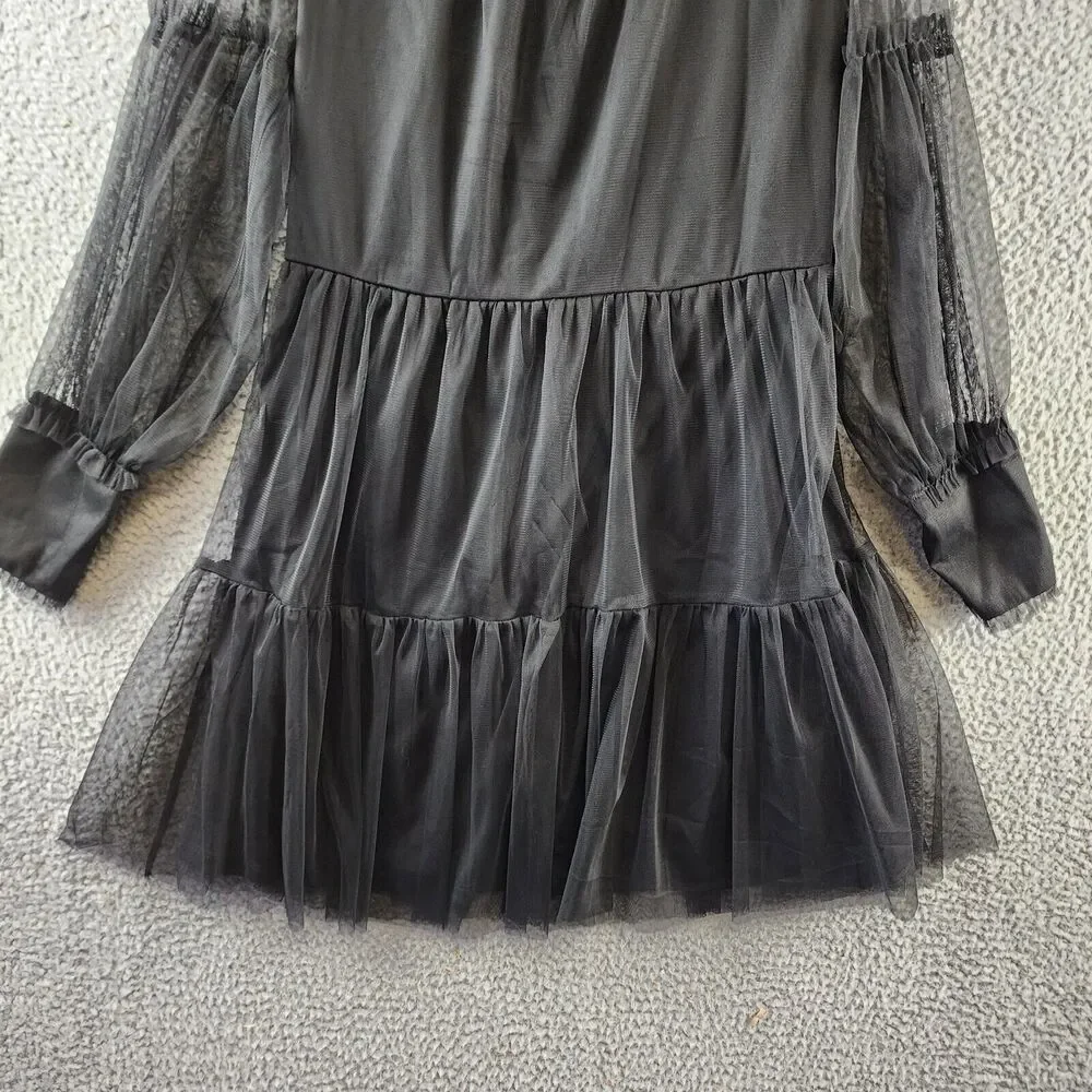 VINCE CAMUTO Mesh Ruffled Dress Women's S Black V-Neck Long Sleeves Pullover - Picture 4 of 13